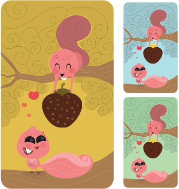 Cute male squirrel or rodent in a tree giving his nut or strawberry to his fiancee or lover. She is enticed with him, completly in love. Retro style illustratio clipart