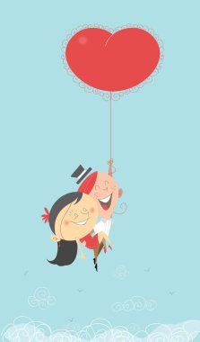 A Saint-Valentine's romantic retro illustration of a man and woman flying in the sky, going to paradise holding a hot air big heart red balloon clipart