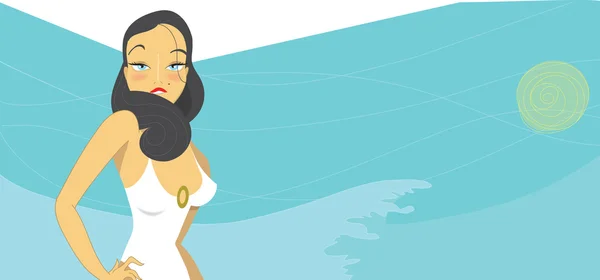 Femme brune chaude en maillot de bain blanc — Image vectorielle