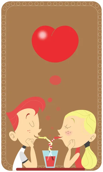 Young Retro Couple Sipping Same Glass Restaurant Saint Valentines Card — Stock Vector