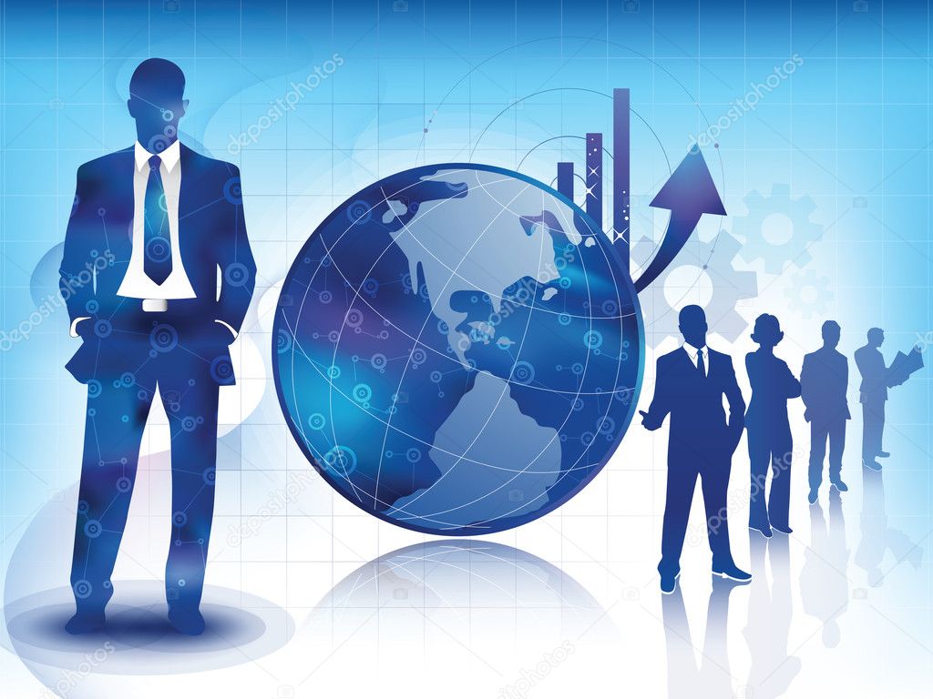 Illustration of business professionnals, with an arrow showing increase sales over a global Earth concept, with a team of experts sillhouette