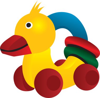 Rubber duck with wheels and colored circle. Children plastic toy, full . clipart