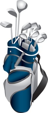 Illustration of a set of gold clubs in a blue and gray gold bag. clipart