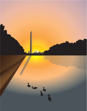 Vector illustration of sunset over Washington monument with Reflecting Pool in foreground, Washington, D.C, U.S.A. clipart