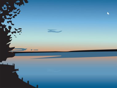 Sunset over a lake, in vector clipart