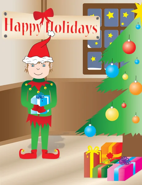 Elfe de Noël dans un intérieur de vacances — Image vectorielle
