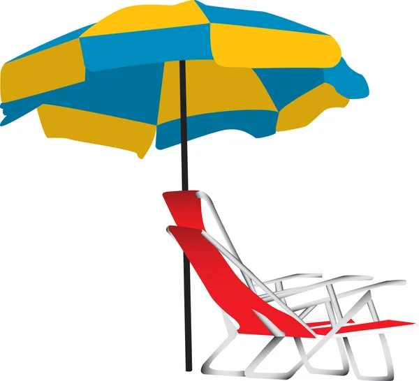 下にポータブル赤ラウンジチェアと青と黄色のビーチ傘のイラスト 白い背景で隔離 — ストックベクタ
