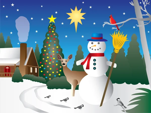 Schneemann in der Weihnachtsszene — Stockvektor