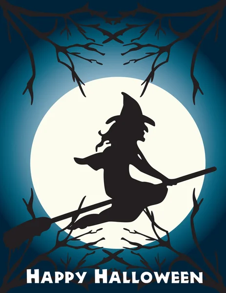 Halloween czarownica latający na scenę miotła — Wektor stockowy