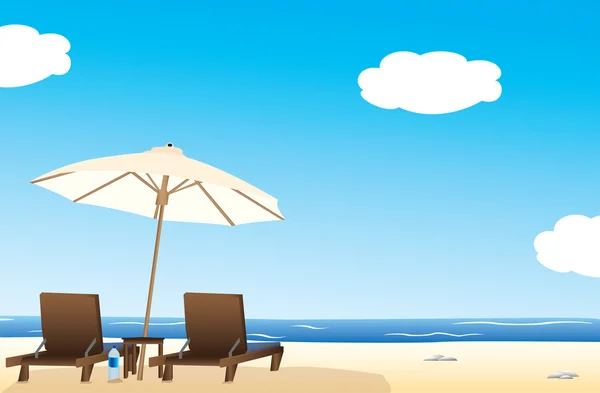 パラソルや青い空と Cloudscape 背景の砂浜のビーチの傘の下でサンラウンのベクトル イラスト — ストックベクタ