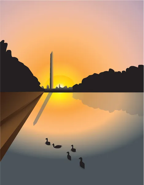 Vektor Gambar Matahari Terbenam Atas Monumen Washington Dengan Reflecting Pool - Stok Vektor