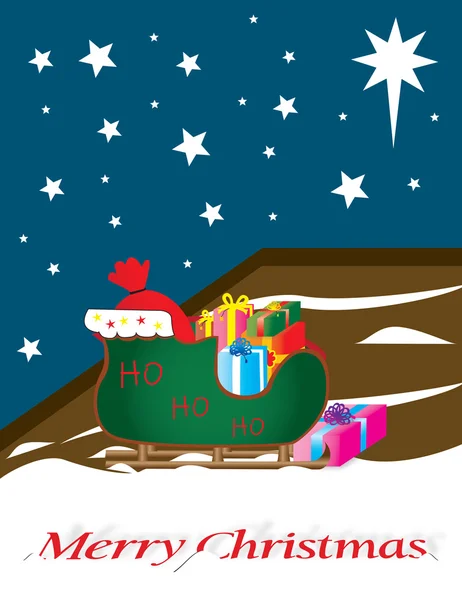 圣诞老人雪橇的礼品，全在外面，星光的天空上 — 图库矢量图片