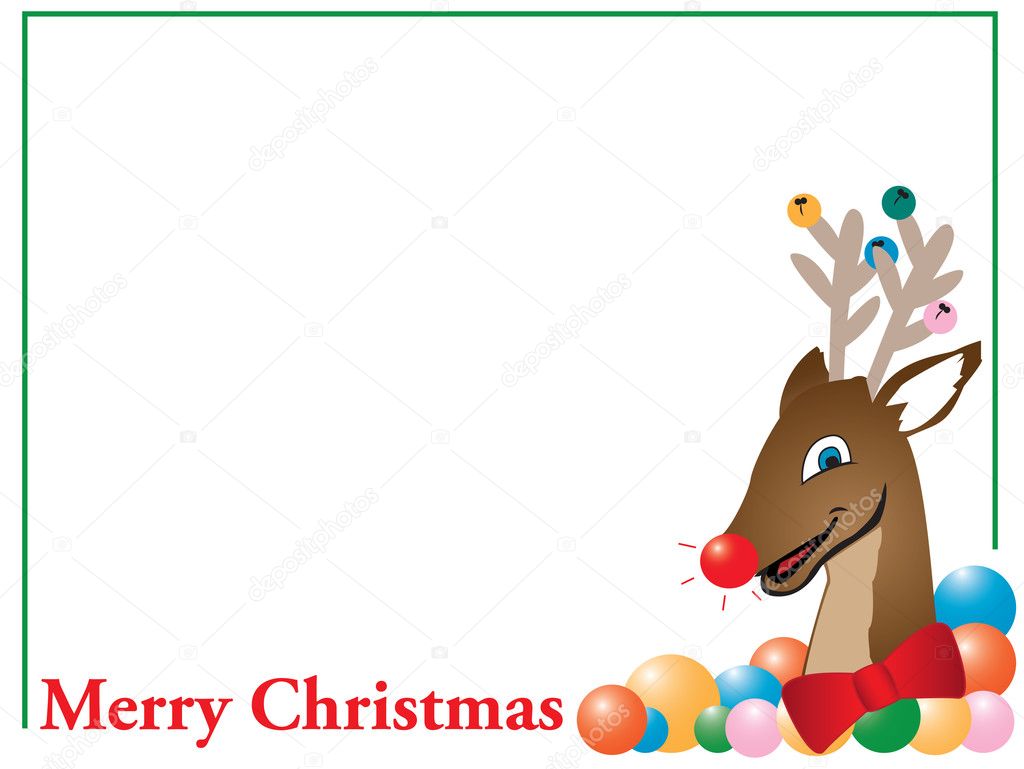 Illustration of decorative merry Christmas card or tag with reindeer and copy space, isolated on white background.