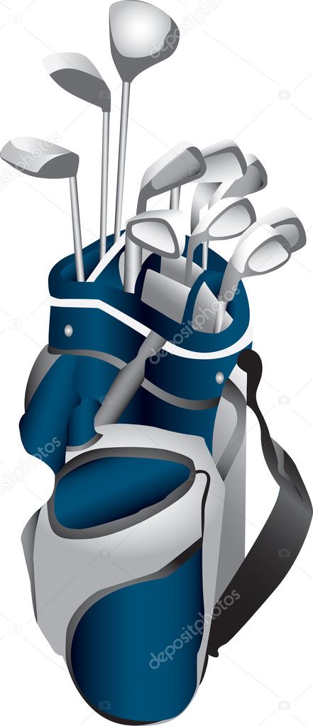 Illustration of a set of gold clubs in a blue and gray gold bag.