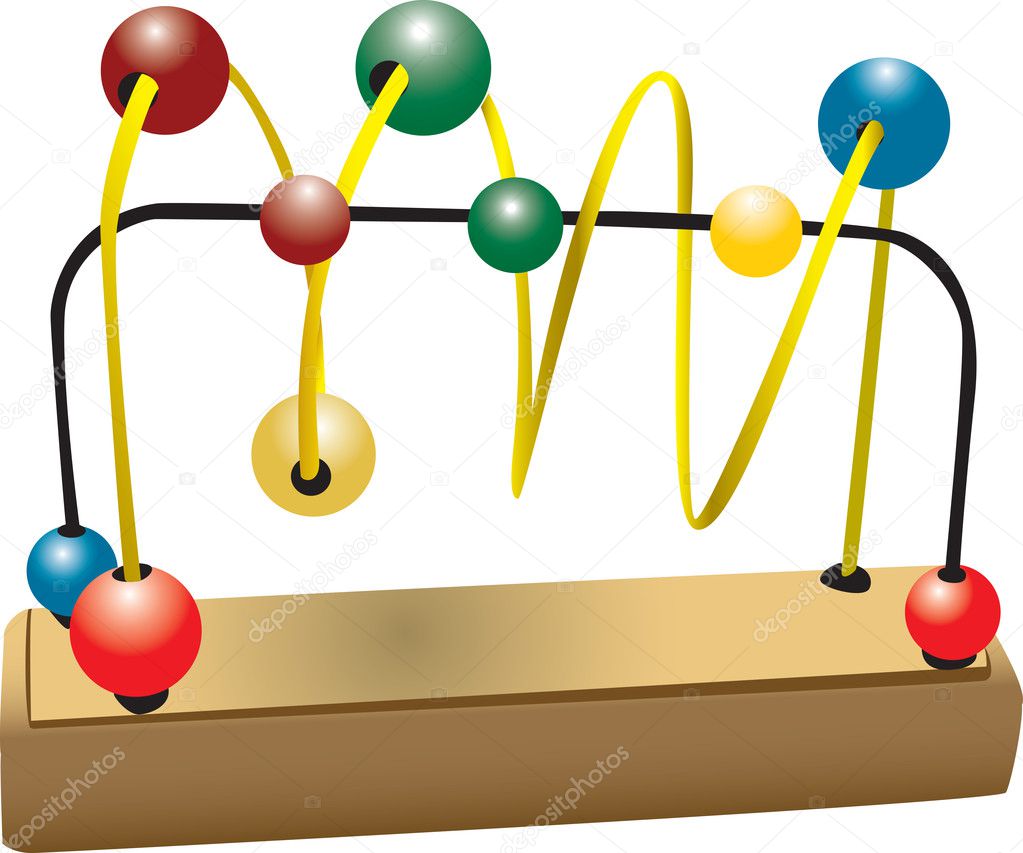 A 3D illustration of a retro wooden toy with colorful balls.