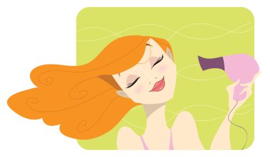 A cute redhead girl with curly red hair blowing and drying her hair with a pink hairdryer on a wavy green background. clipart