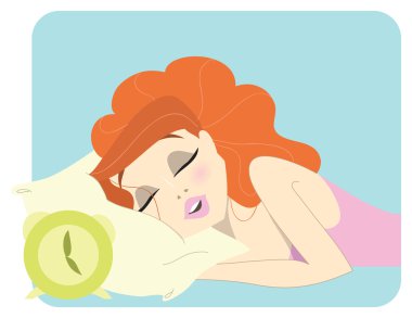 Cute redhead woman sleeping next to a clock clipart