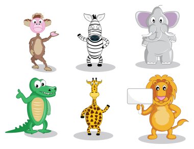 A monkey and a zebra waving their hand, a fat elephant, smiling intelligent gator, waving giraffe and a lion holding a sign, all in vector illustration cartoon. clipart