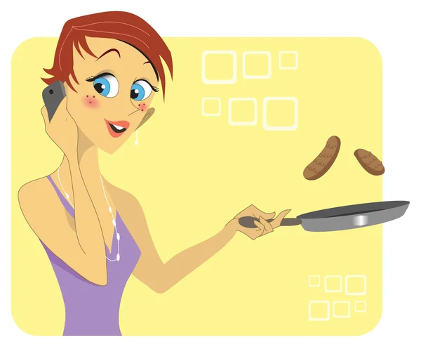 Kvinna pratar i telefon medan matlagning — Stock vektor