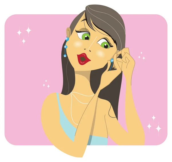 Mujer morena colocando sus pendientes — Vector de stock