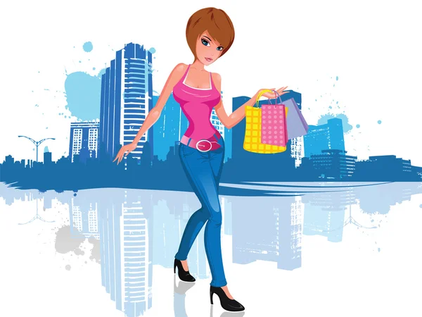 Junge Frau mit Einkaufstasche in der Stadt — Stockvektor