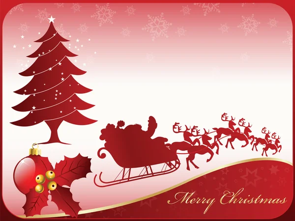 好季节快乐圣诞贺卡设计 与圣诞老人和他的驯鹿圣诞球与装饰的一品红和圣诞树图 — 图库矢量图片