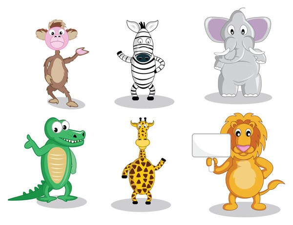 A monkey and a zebra waving their hand, a fat elephant, smiling intelligent gator, waving giraffe and a lion holding a sign, all in vector illustration cartoon.