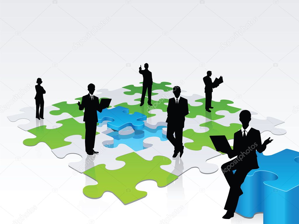 A 3D illustration of a team of professional solving a jigsaw puzzle, a metaphor of a team taking care of businesses problems