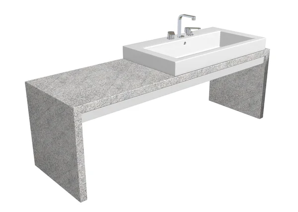 Évier carré blanc avec robinet chromé, assis sur une table en granit — Photo