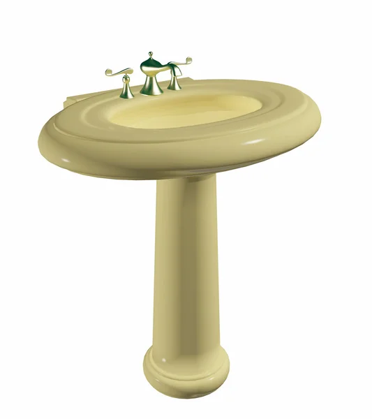 Cremefarbenes Waschbecken oder Waschbecken auf einem Stativ mit goldenem Wasserhahn. — Stockfoto