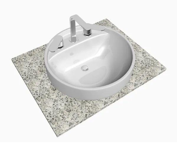 Lavello rotondo bianco con rubinetto cromato, seduto su un tavolo di granito — Foto Stock