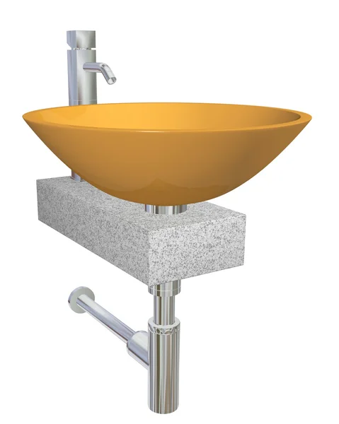 Orange bowl glass or ceramic sink with chrome faucet and plumbing fixtures, — Stock Photo, Image