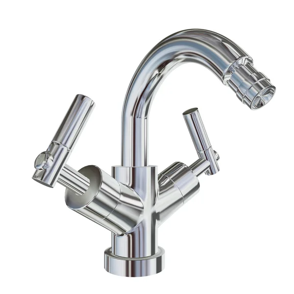 Shining chrome kitchen faucet 3D illustration, isolated against a white bg — Stock Photo, Image