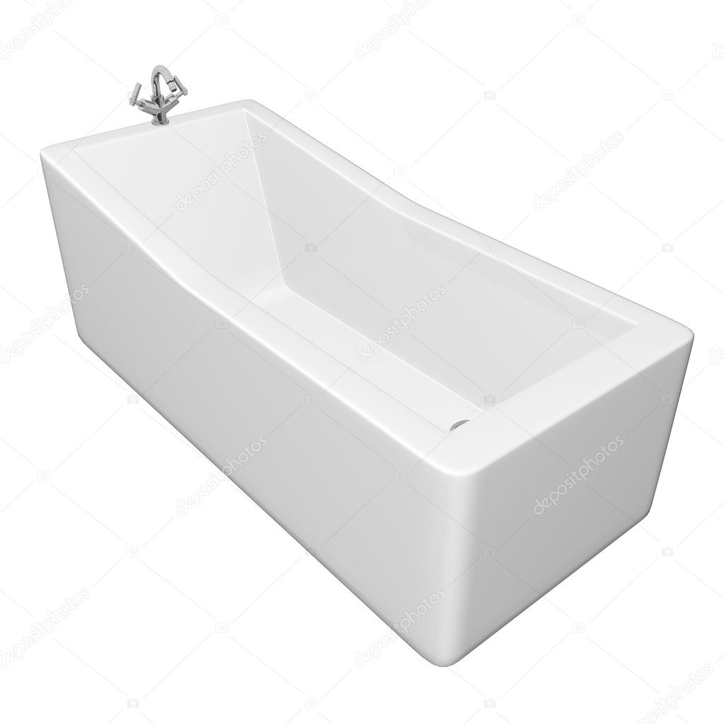 White rectangular bathtub with stainless steel fixtures, isolated against a