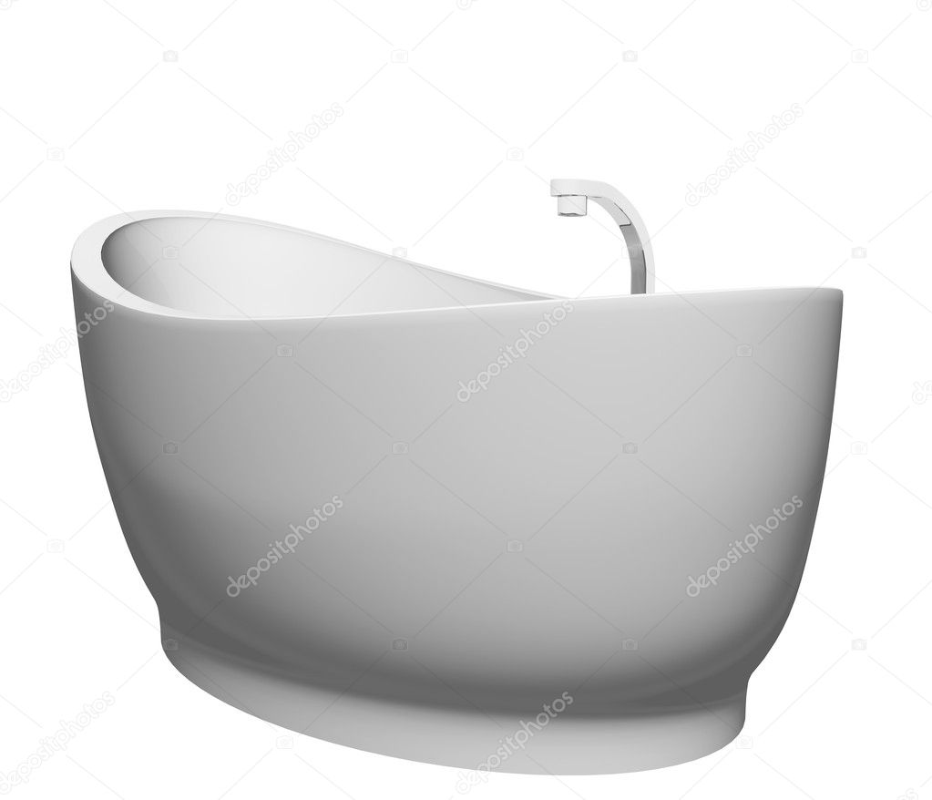 Pedestal modern white bathtub with stainless steel fixtures, isolated again