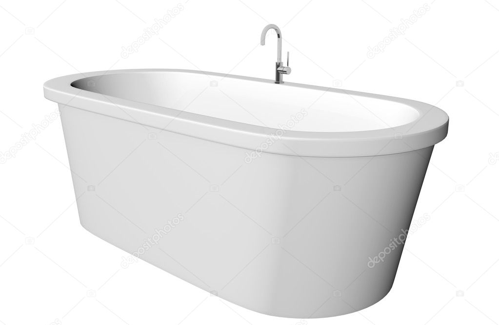 White and deep modern white bathtub with stainless steel fixtures, isolated
