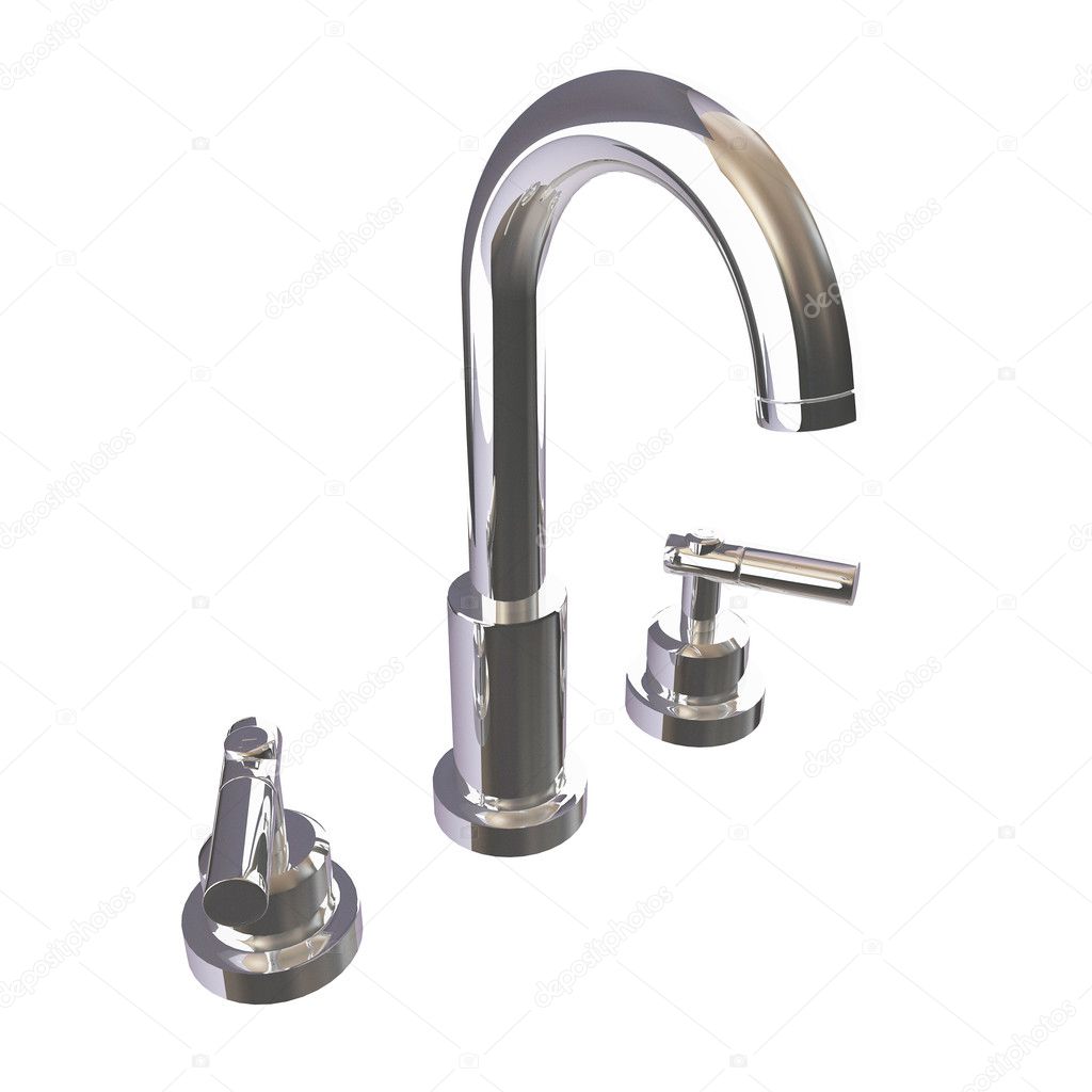 Shining chrome kitchen faucet 3D illustration, isolated against a white bg