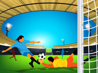 Soccer game in an outdoor stadium. A kick at the opposing team g clipart