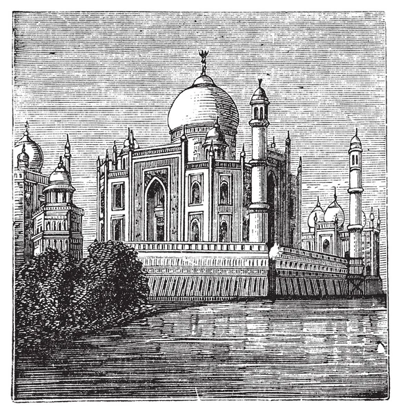 Тадж-Махал, Индия. Старая гравированная иллюстрация знаменитого Тадж-Ма — стоковый вектор