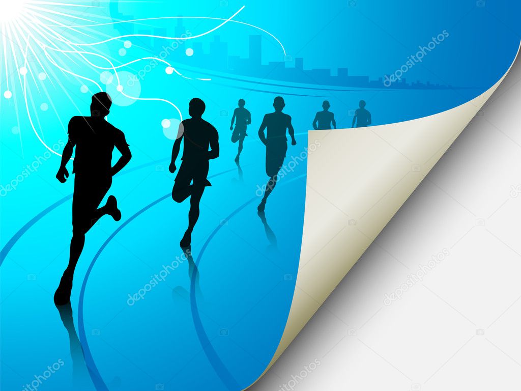 Group of runners on a blue cityscape background, with the page f