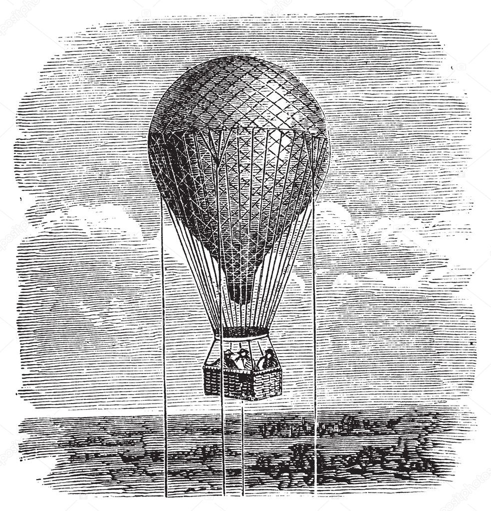 Old aerostat or hot air balloon vintage illustration.