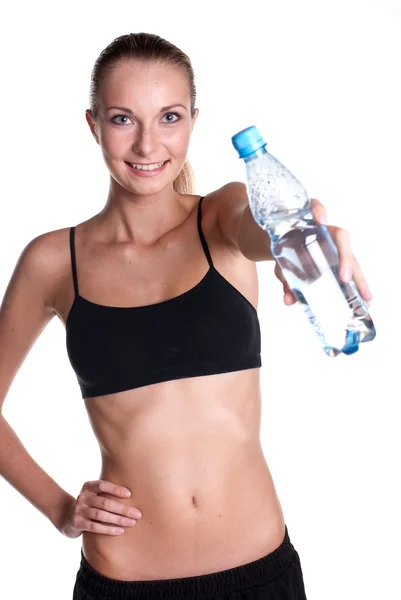 Woman Fitness Pose Holding Water Bottle — Stock Photo, Image