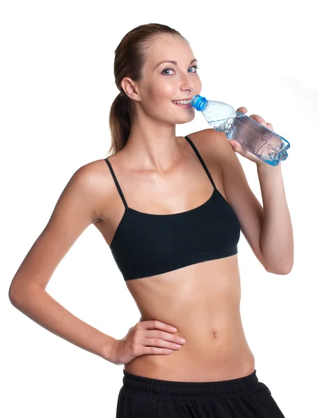 Kobieta Fitness Stanowią Gospodarstwa Butelka Wody — Zdjęcie stockowe