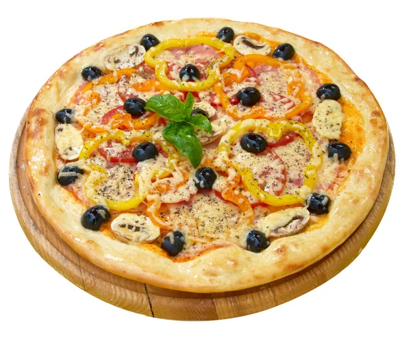 Pizza Mit Käse Paprika Tomaten Pilzen Und Oliven — Stockfoto