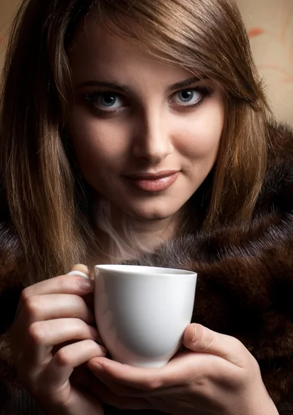 Beautiful Young Woman Cup Coffee — Stock Photo, Image