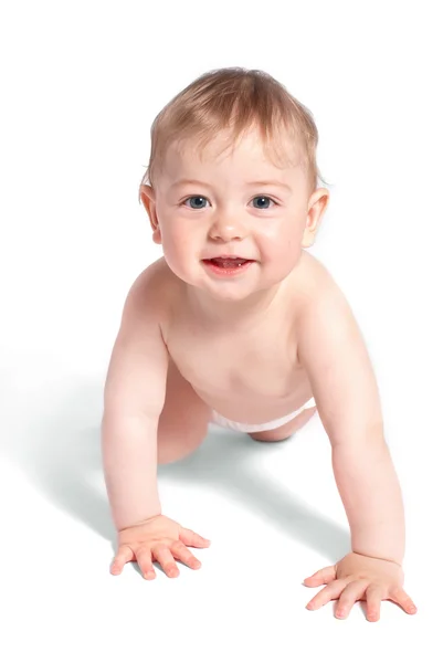 Cheerful Baby Sits White Background — Stock Photo, Image