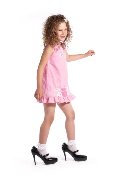 Cheerful Girl Costs Big Black Female Shoes Heel — Stock Photo, Image