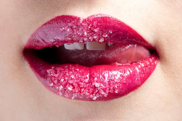 Shugar rode lippen close-up — Stockfoto