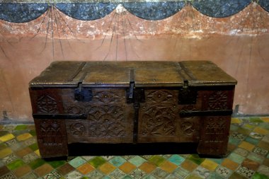 Old medieval carved wooden chest clipart