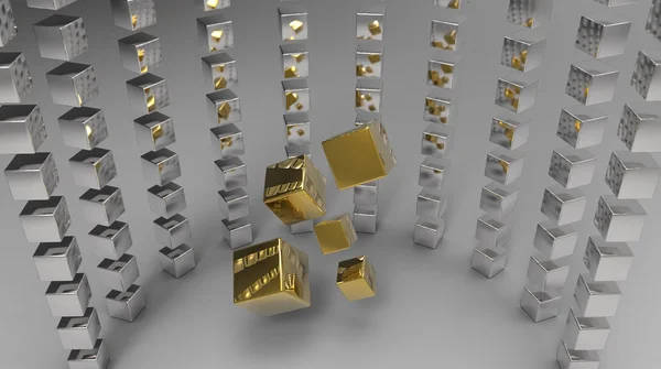 Representación Abstracta Cubos Plata Alineados Cubos Oro Flotantes — Foto de Stock